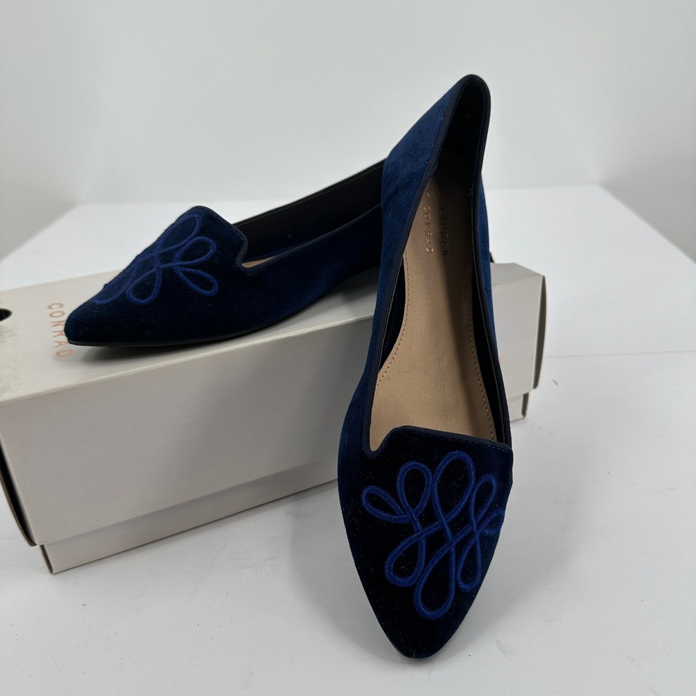 Lauren Conrad Womens Velvet Old‎ Money Flats Size 9.5 Navy Luxe Embroidered
